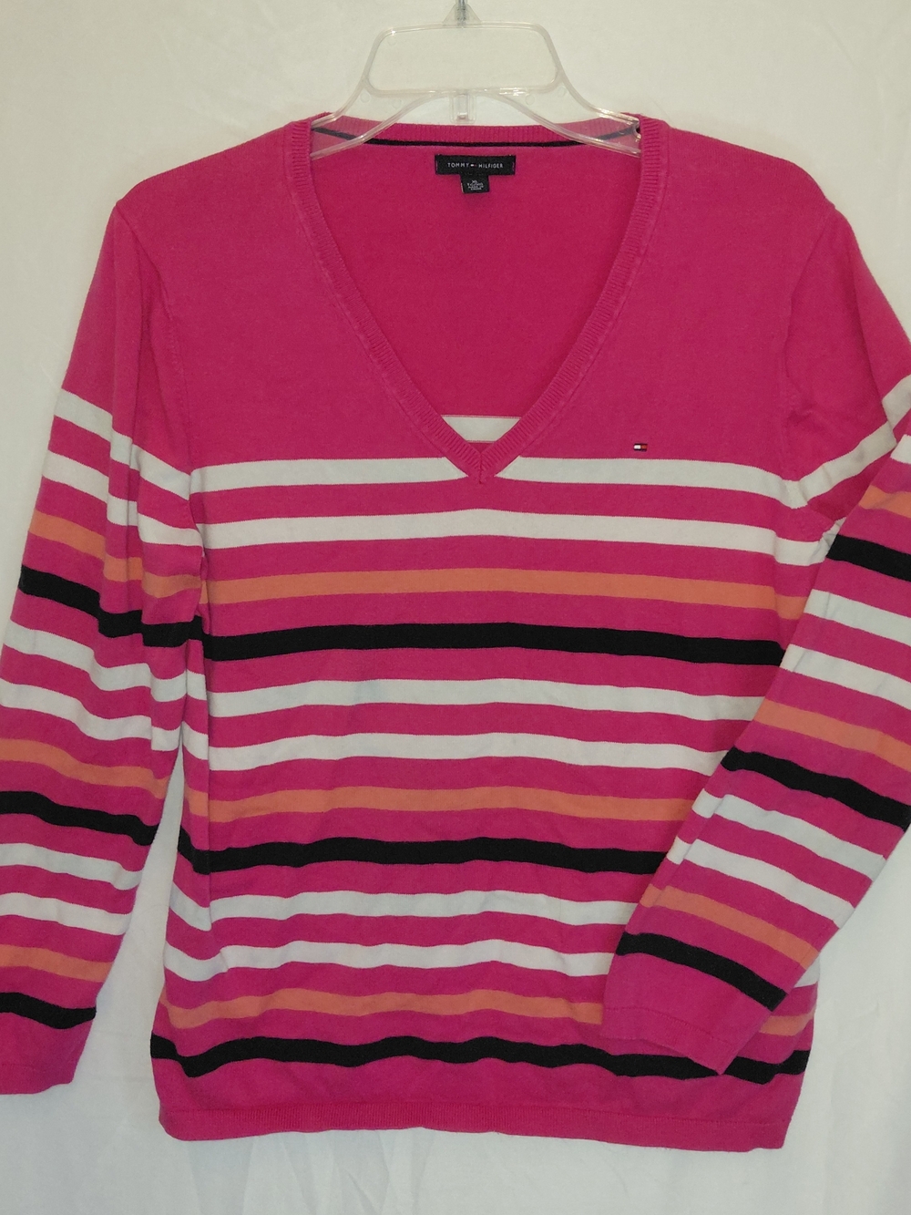 Tommy Hilfiger Hot Pink Striped V-Neck Sweater #2429